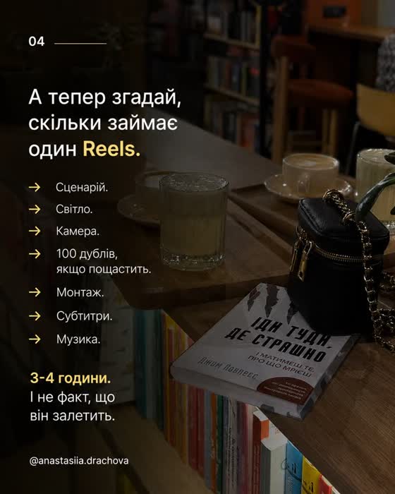 Слайд каруселі: А тепер згадай, скільки займає один Reels: 3–4 години